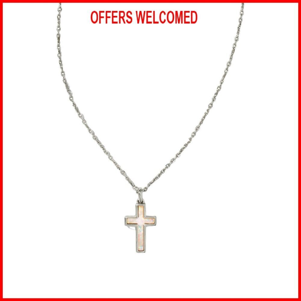 Rhodium-Plated Brass Cross Pendant Necklace, 19" Chain, Lobster Clasp